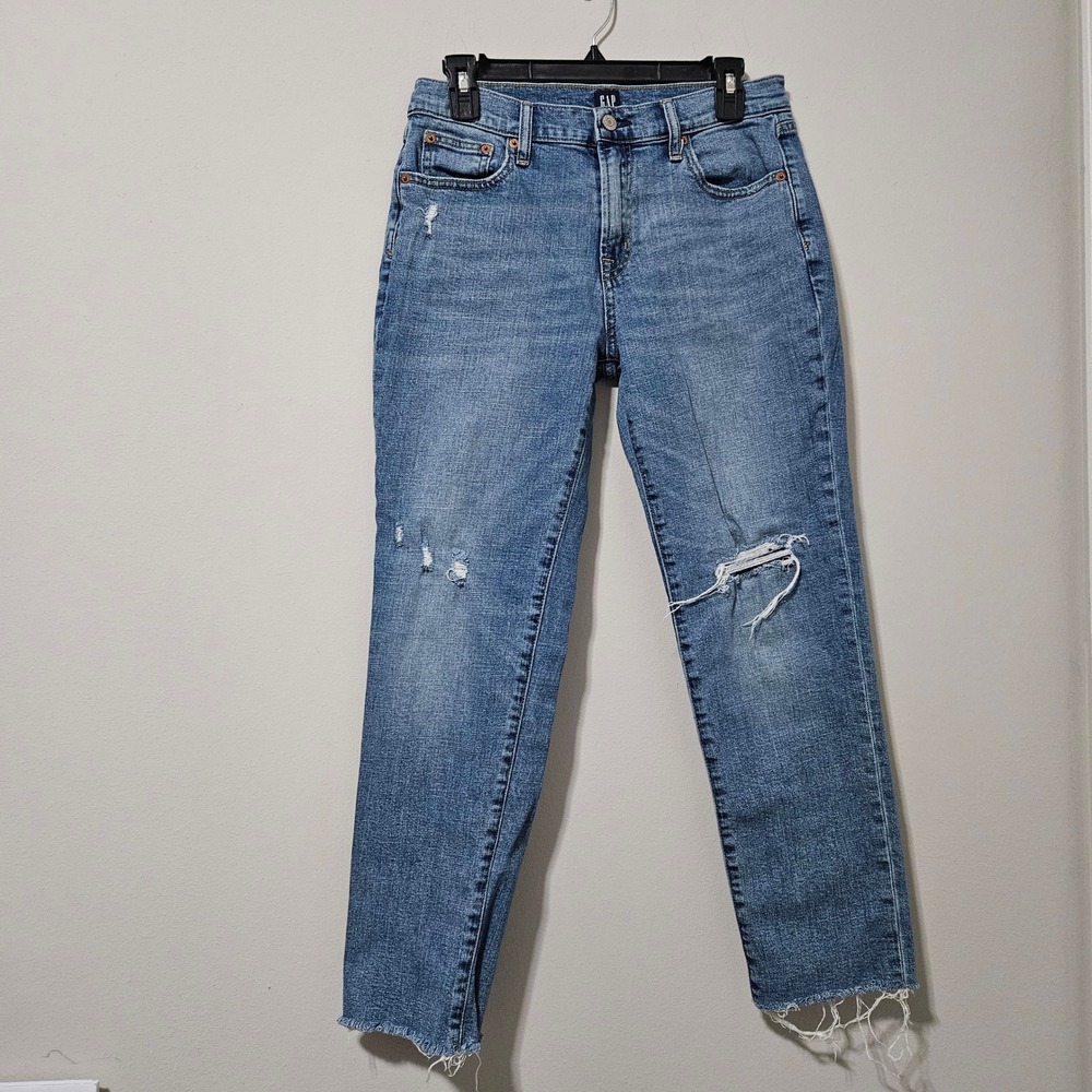 Gap Denim Girlfriend Jeans‎ Womens 4/27 Medium Wash Distressed Raw Hem Blue